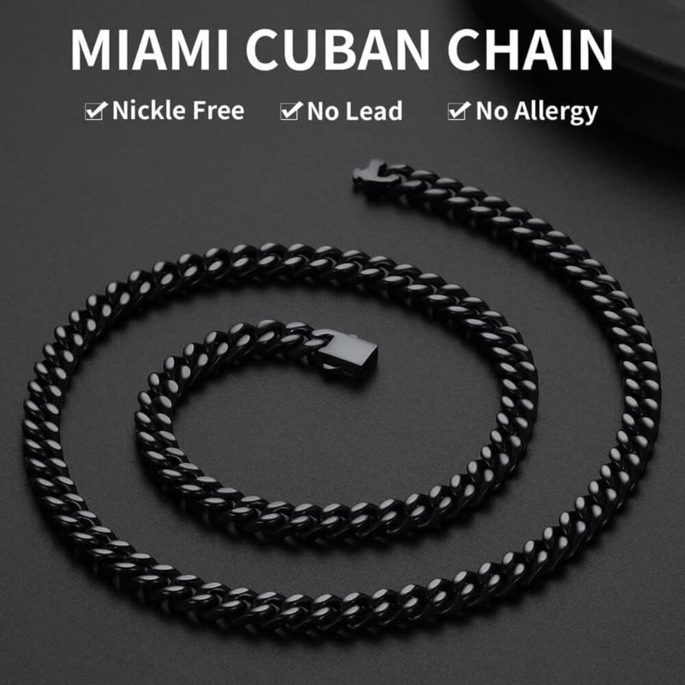 Men's Black 7mm Width Steel 18K Gold Plated Durable Hip Hop Cuban Chain Jewelry - Picture 2 of 7
